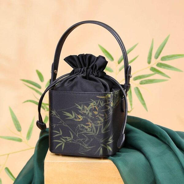 2_4_祥雲舎_シルク_ブラック_バンブープリント_ミニキューブバッグ_LD170613 2_4_Xiangyunsha_Silk_Black_Bamboo_Print_Mini_Cube_Bucket_Bag_LD170613