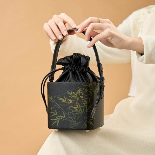 3_祥雲舎_シルク_ブラック_バンブープリント_ミニキューブバッグ_LD170613 3_Xiangyunsha_Silk_Black_Bamboo_Print_Mini_Cube_Bucket_Bag_LD170613