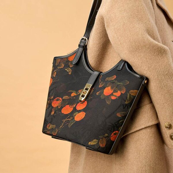3_b_SinoCultural_-_Xiangyunsha_Silk_Leather_Printed_Persimmon_Bucket_Bag_YS120762 3_b_SinoCultural_-_Xiangyunsha_Silk_Leather_Printed_Persimmon_Bucket_Bag_YS120762