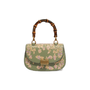 Handcrafted Embroidery Leather Green Handbag Camellia Bamboo Handle