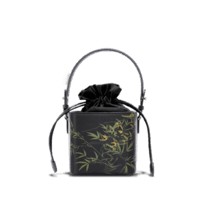 Xiangyunsha Silk Black Bamboo Print Mini Cube Bucket Bag