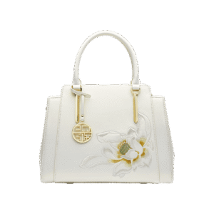 Sinocultural Embroidery Leather Tote Bag White Lotus Crossbody Bag