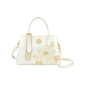 Embroidery Leather Tote Bag White Blooming Peony