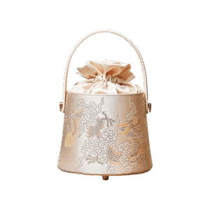 Brocade Jacquard Leather Drawstring Beige Bucket Bag Loong Pattern