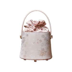 Brocade Jacquard Leather Drawstring Floral Powder Pink Bucket Bag