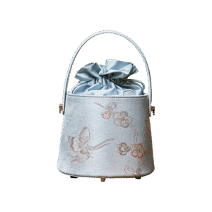 Brocade Jacquard Leather Drawstring Light Blue Butterfly Bucket Bag