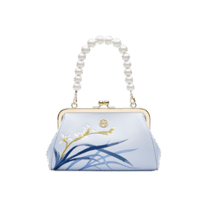 Embroidery Leather Blue Chain Kiss Lock Clutch Handbag Orchid