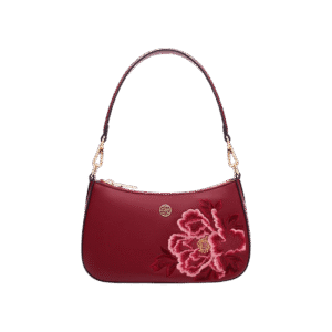 Embroidery Leather Red Shoulder Bag Peony Women's Hobo Handbag