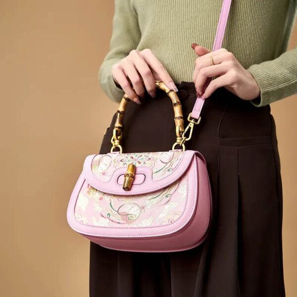 Song-Brocade-Pink-Mulberry-Silk-Handbag-Bamboo-Handle-Model-Crossbody Song-Brocade-Pink-Mulberry-Silk-Handbag-Bamboo-Handle-Model-Crossbody